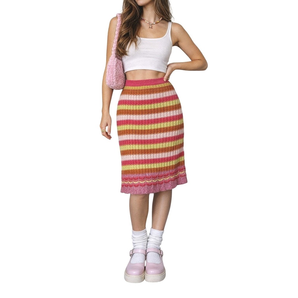 OILILY Wool Silk Knit Striped Midi Skirt Colorful Retro Made Italy